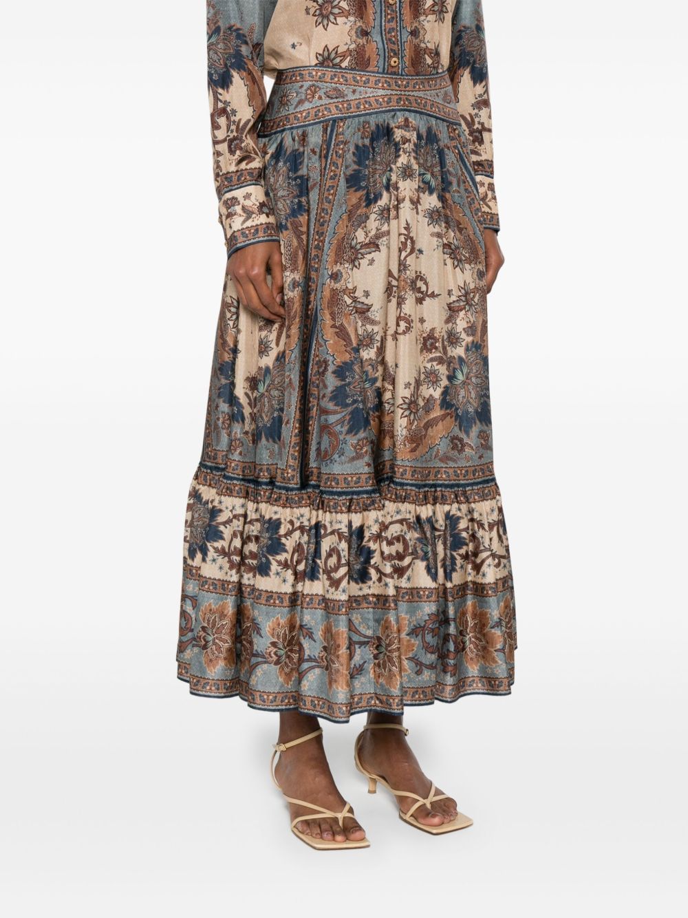 Zimmermann Ascension Floral Silk Midi Skirt Blue