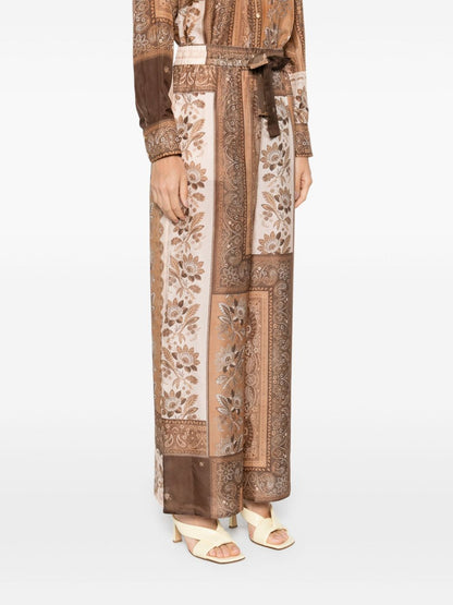 Zimmermann Lucky Printed Silk Wide-Leg Trousers Brown
