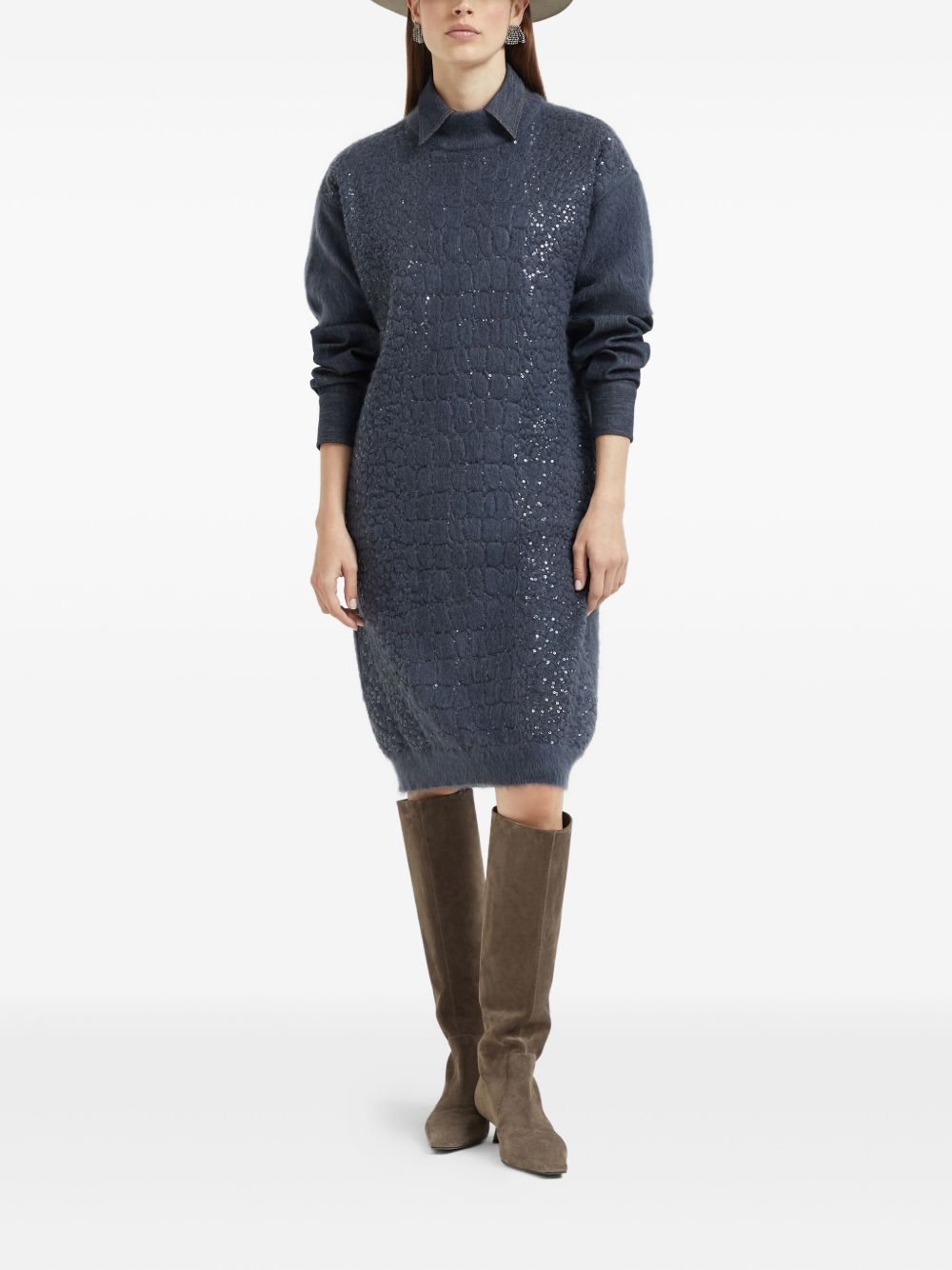 Brunello Cucinelli Sequin-Embellished Crocodile Mohair-Blend Dress Blue