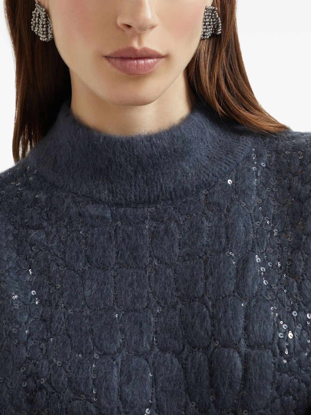 Brunello Cucinelli Sequin-Embellished Crocodile Mohair-Blend Dress Blue