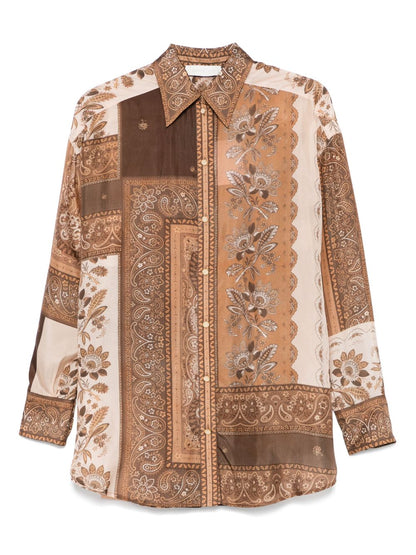 Zimmermann Lucky Printed Silk Shirt Brown