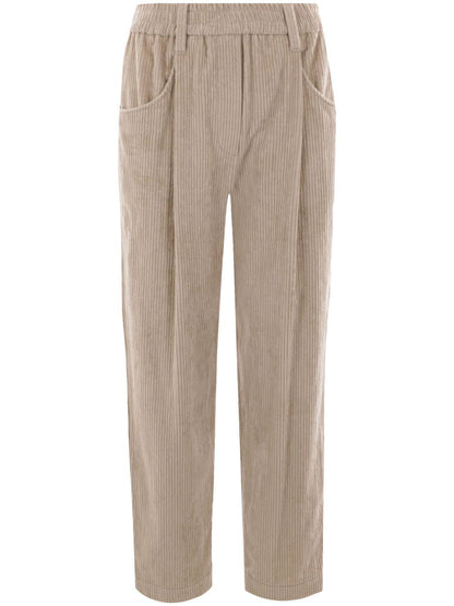 Brunello Cucinelli High-Waisted Stretch Corduroy Trousers Beige