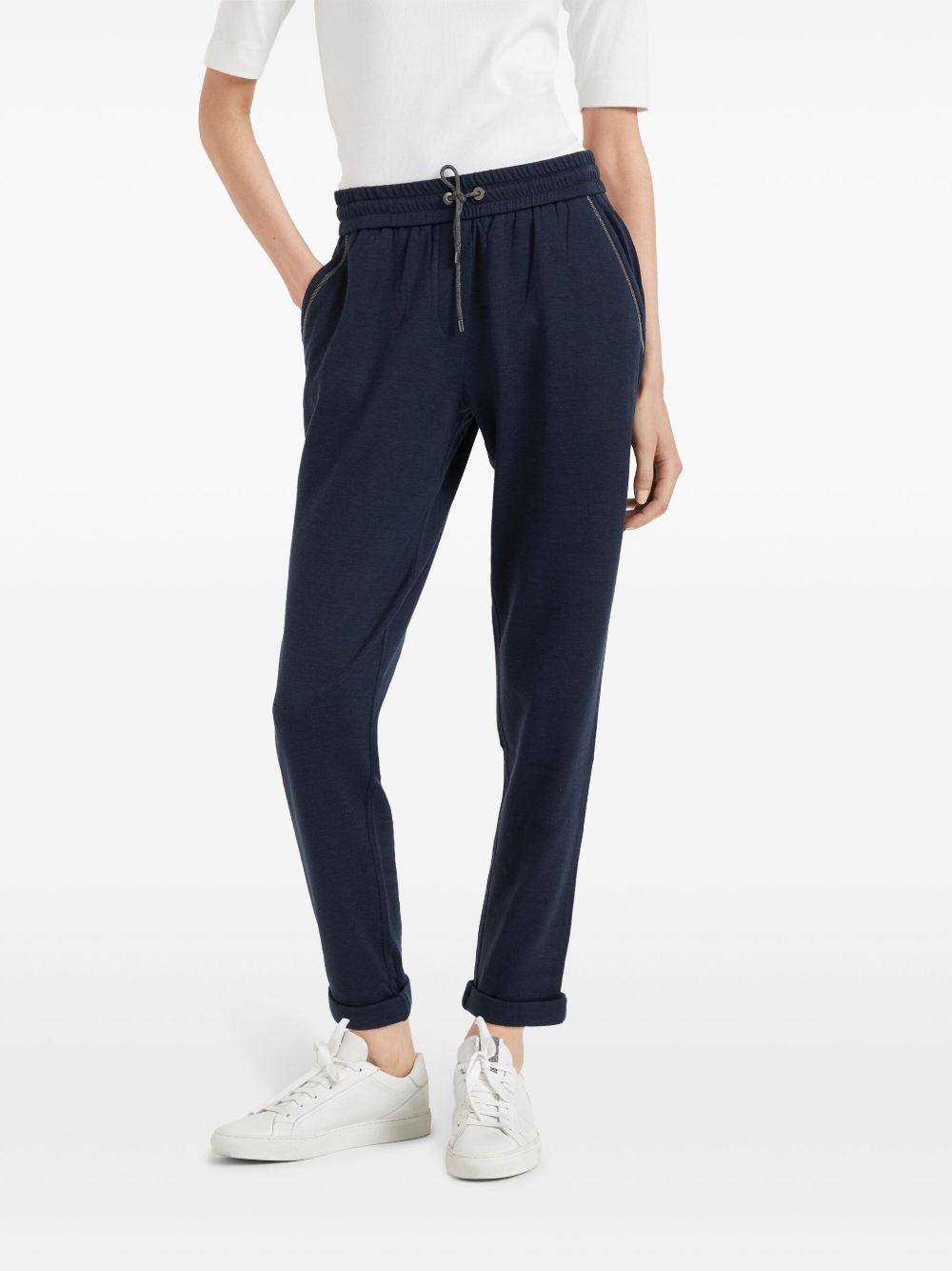Brunello Cucinelli Elasticated Skinny Cotton-Silk Trousers Blue