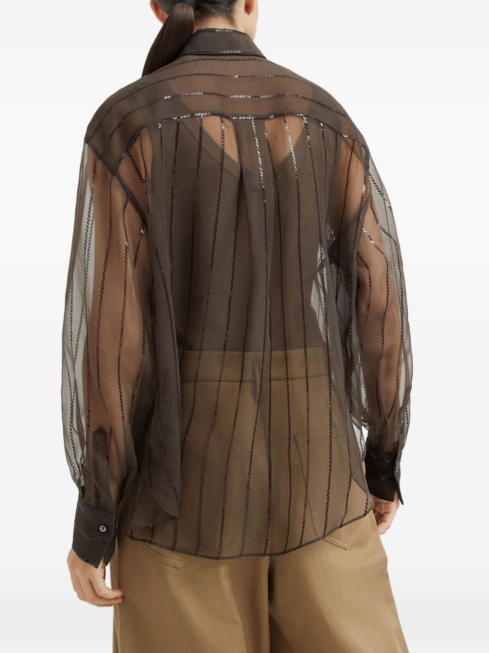 Brunello Cucinelli Silk Semi-Sheer Chocolate Brown Long-Sleeve Shirt Brown