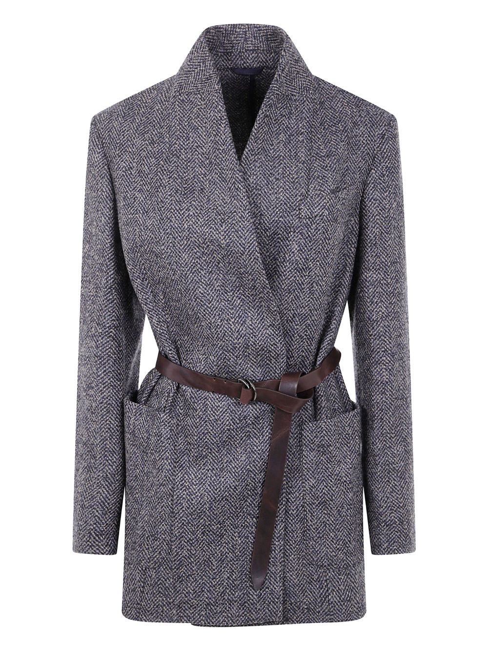 Brunello Cucinelli Belted Herringbone Wool Wrap Blazer Blue