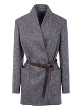 Brunello Cucinelli Belted Herringbone Wool Wrap Blazer Blue
