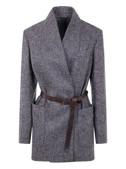Brunello Cucinelli Belted Herringbone Wool Wrap Blazer Blue