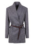 Brunello Cucinelli Belted Herringbone Wool Wrap Blazer Blue