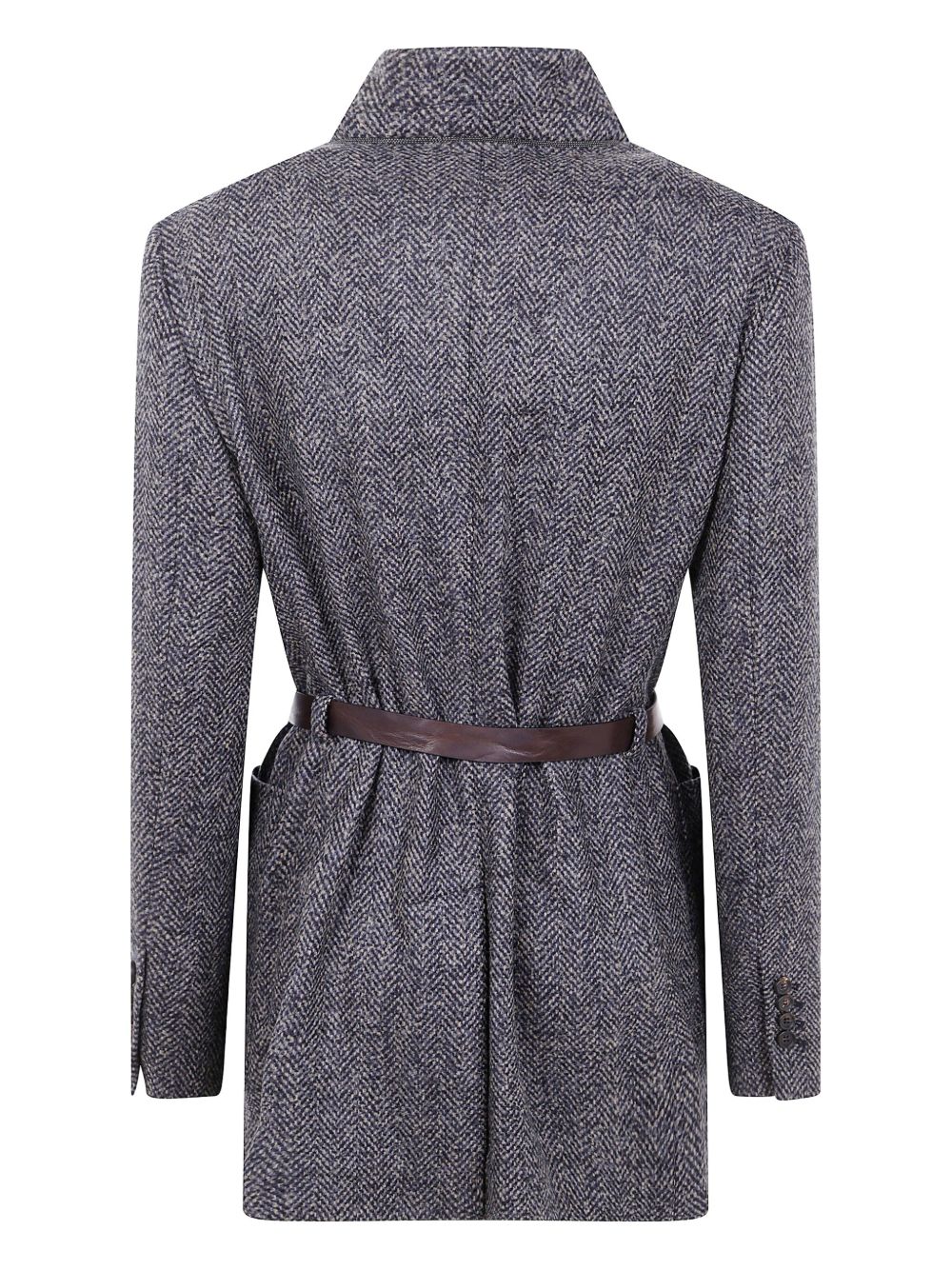 Brunello Cucinelli Belted Herringbone Wool Wrap Blazer Blue