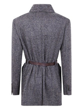 Brunello Cucinelli Belted Herringbone Wool Wrap Blazer Blue