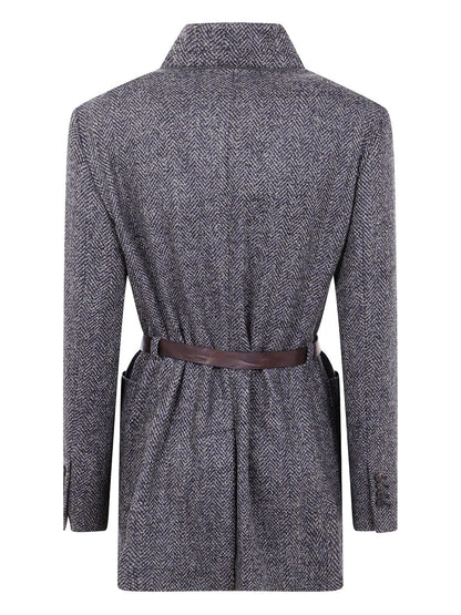 Brunello Cucinelli Belted Herringbone Wool Wrap Blazer Blue