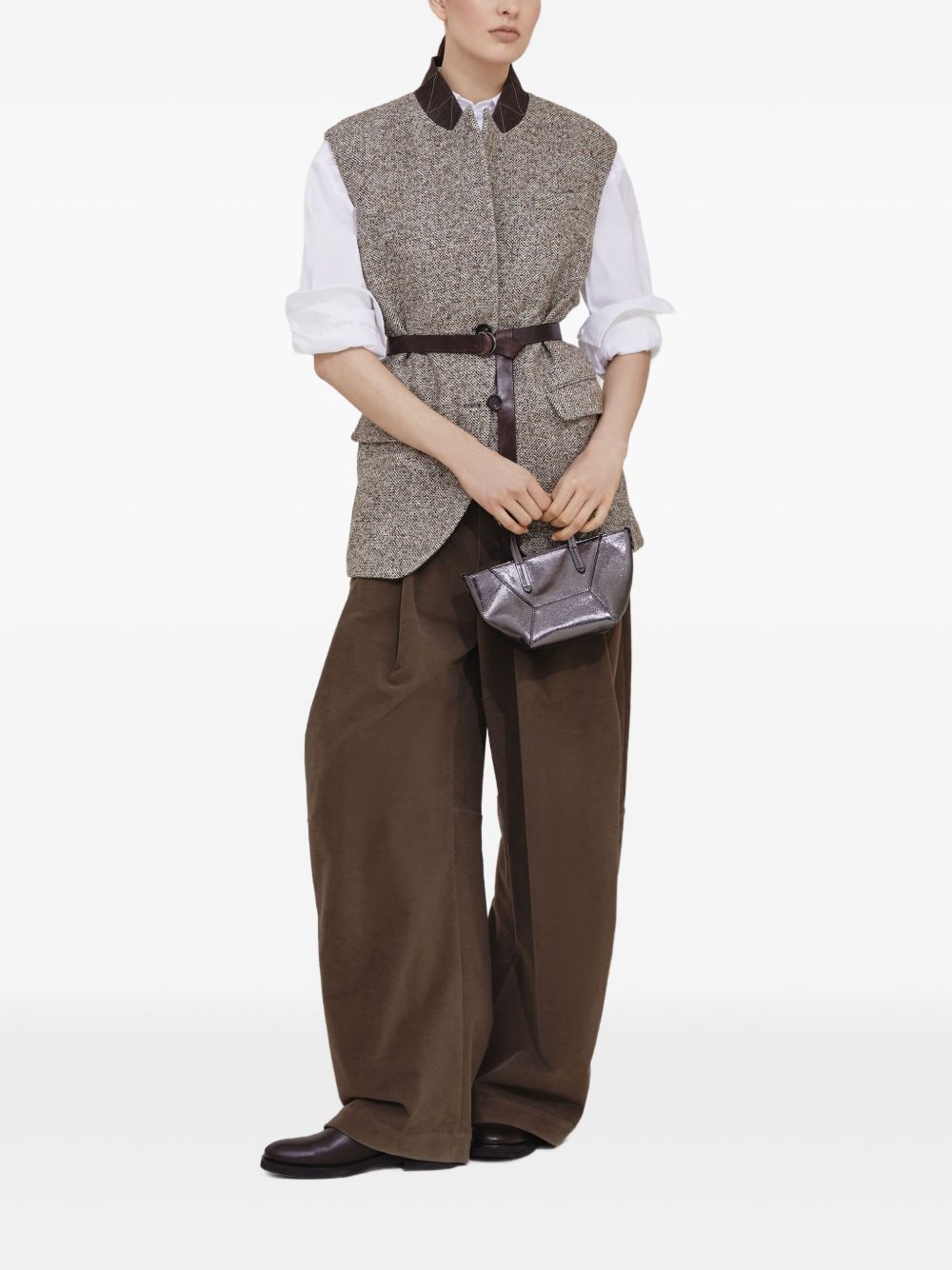 Brunello Cucinelli Herringbone Wool-Silk Belted Vest Beige