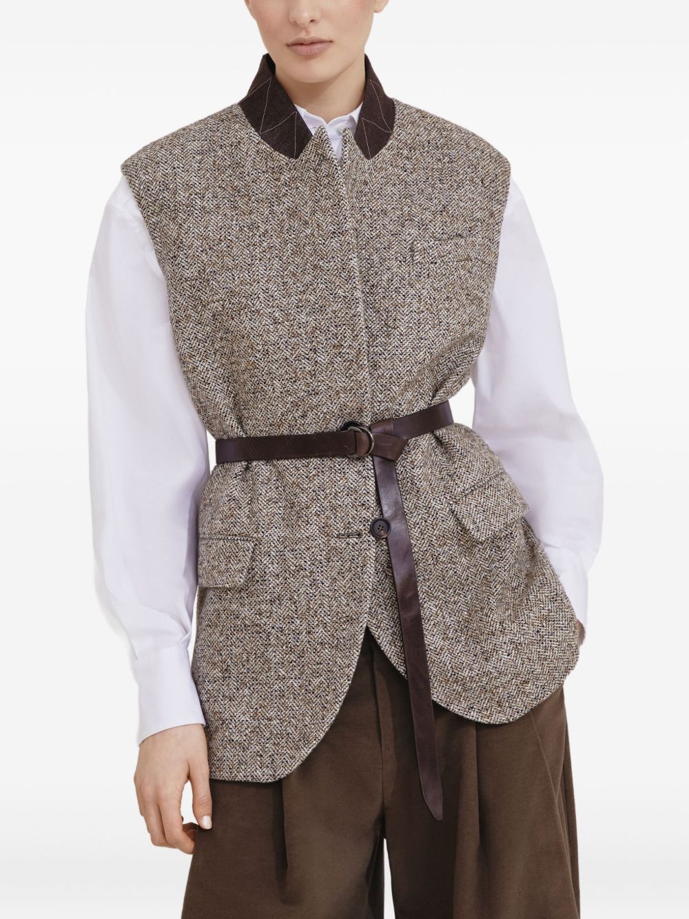 Brunello Cucinelli Herringbone Wool-Silk Belted Vest Beige