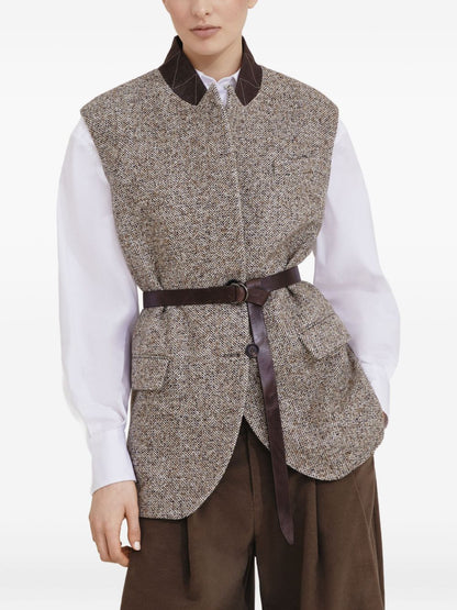 Brunello Cucinelli Herringbone Wool-Silk Belted Vest Beige
