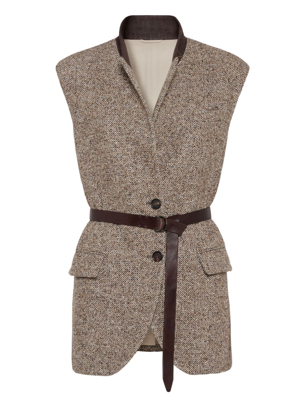 Brunello Cucinelli Herringbone Wool-Silk Belted Vest Beige