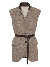 Brunello Cucinelli Herringbone Wool-Silk Belted Vest Beige