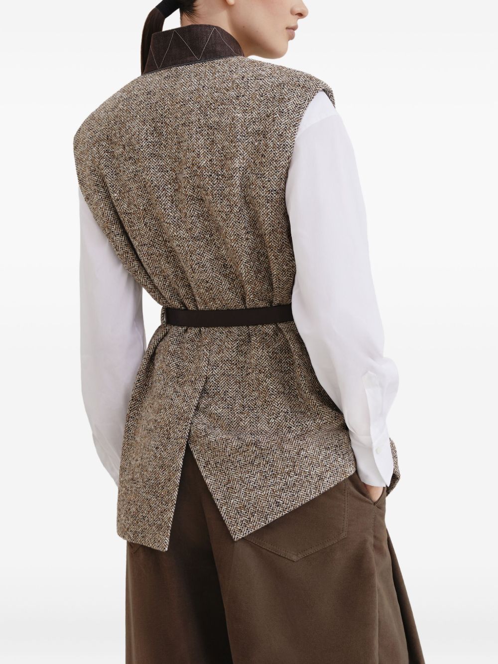 Brunello Cucinelli Herringbone Wool-Silk Belted Vest Beige