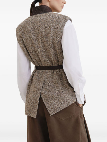 Brunello Cucinelli Herringbone Wool-Silk Belted Vest Beige