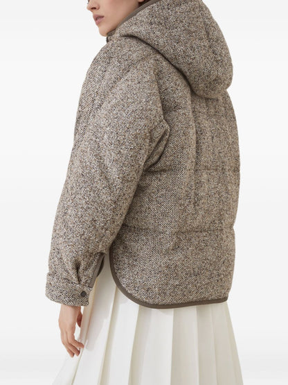 Brunello Cucinelli Chevron-Pattern Down Hoodie Coat Beige