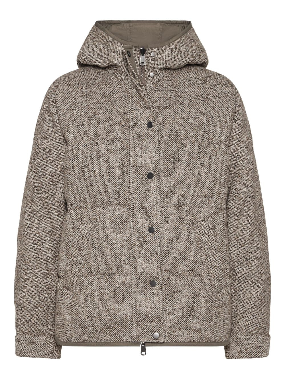 Brunello Cucinelli Chevron-Pattern Down Hoodie Coat Beige