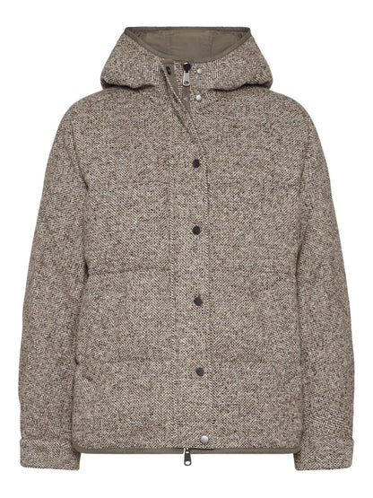 Brunello Cucinelli Chevron-Pattern Down Hoodie Coat Beige