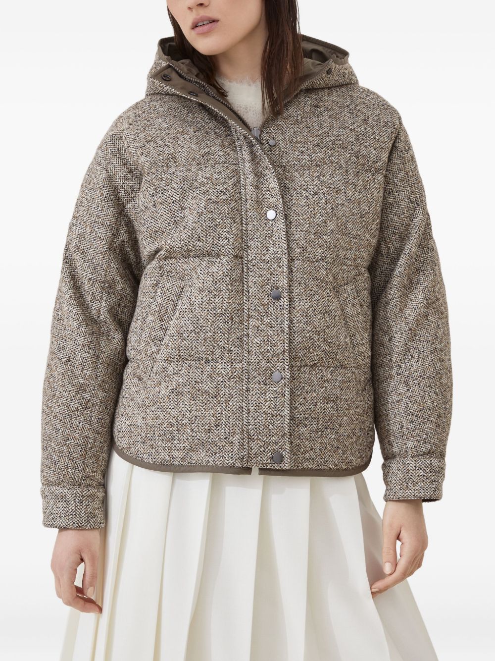 Brunello Cucinelli Chevron-Pattern Down Hoodie Coat Beige