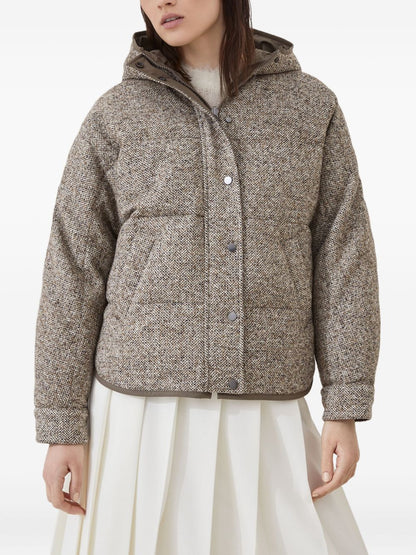 Brunello Cucinelli Chevron-Pattern Down Hoodie Coat Beige