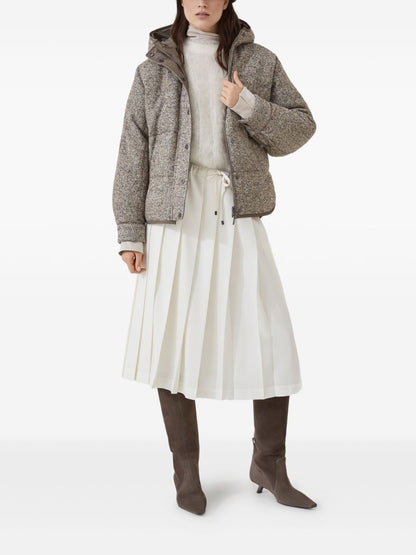 Brunello Cucinelli Chevron-Pattern Down Hoodie Coat Beige