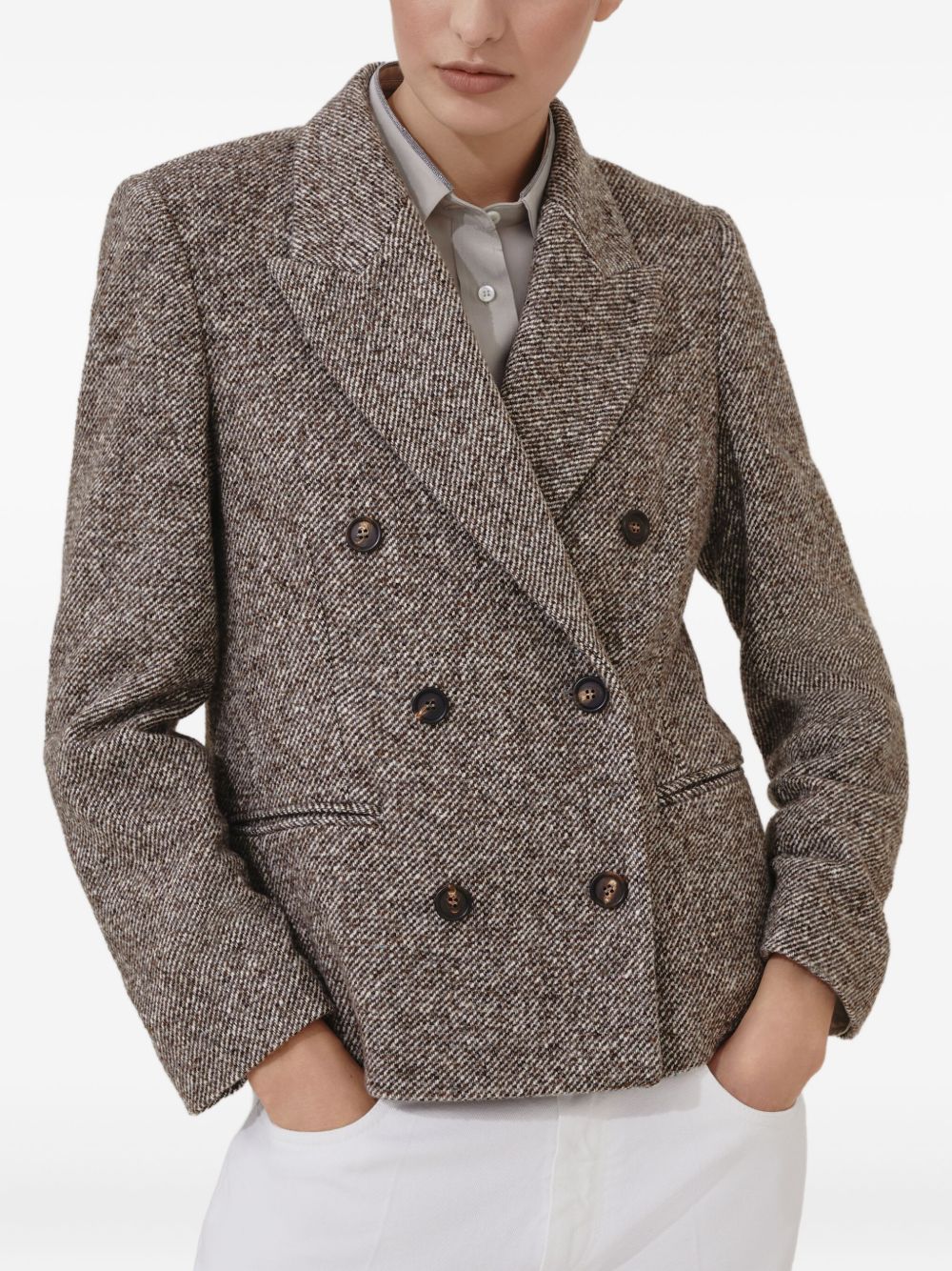 Brunello Cucinelli Single-Breasted Mélange Wool Jacket with Shiny Brown Details Brown