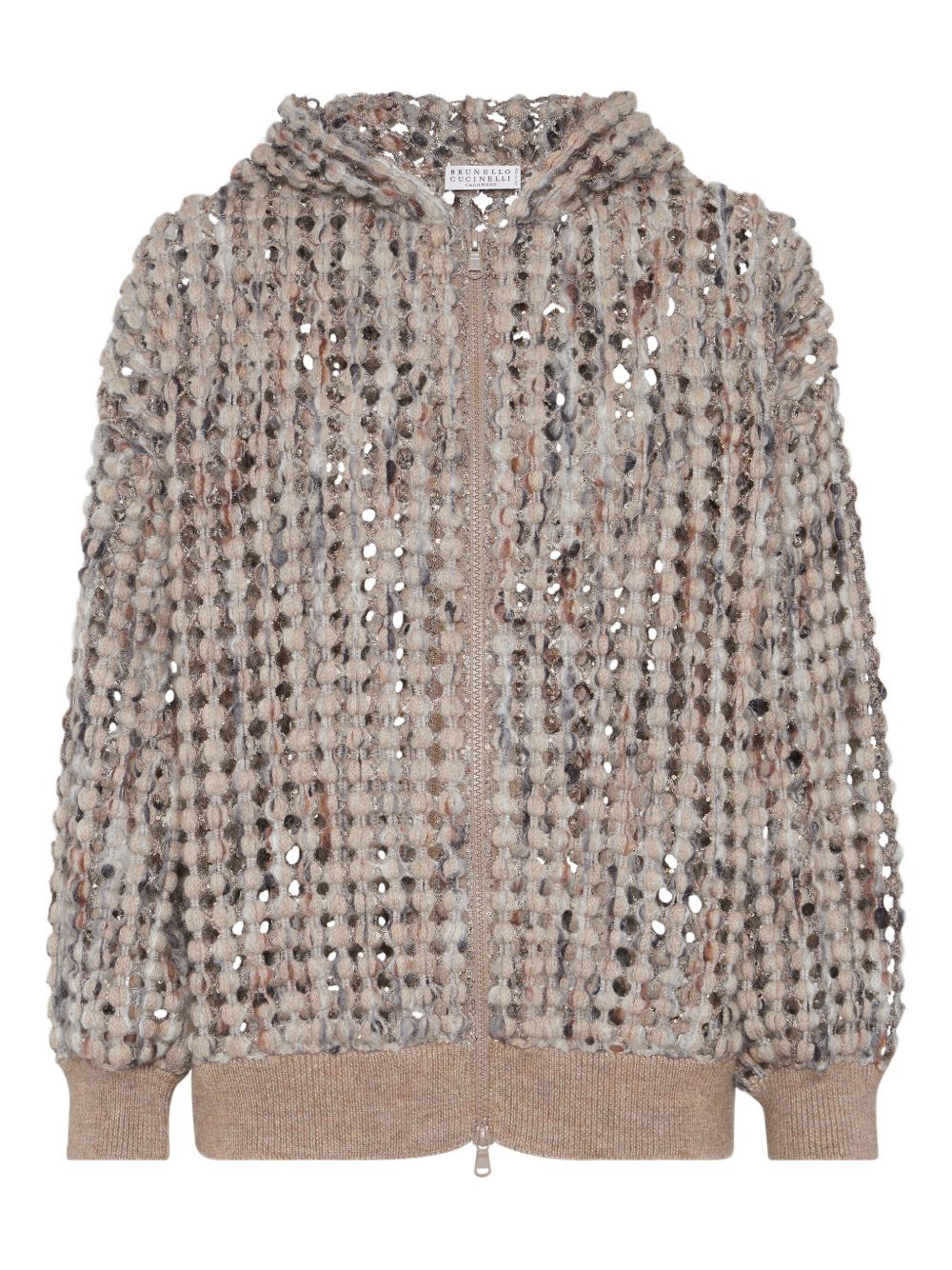 Brunello Cucinelli Embellished Sequin Hooded Wool-Blend Zip Sweater Beige