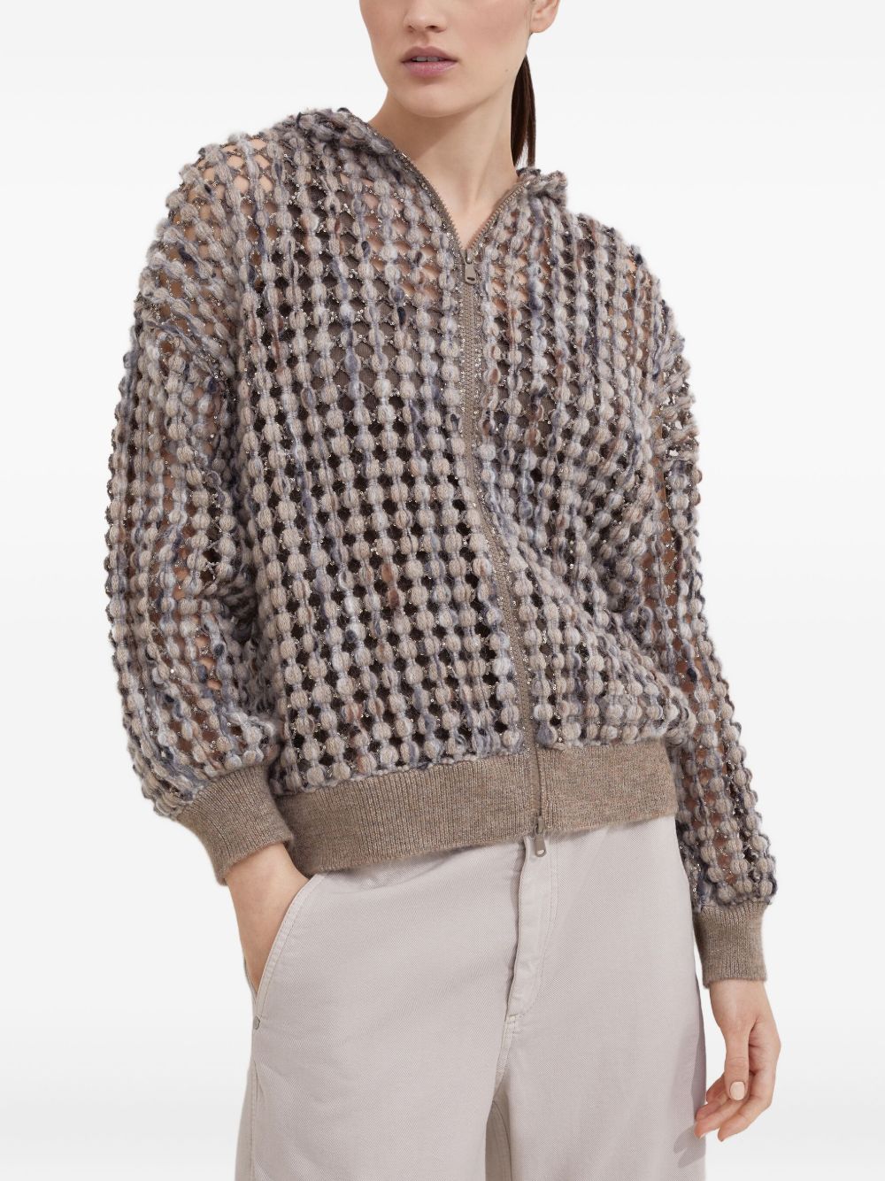 Brunello Cucinelli Embellished Sequin Hooded Wool-Blend Zip Sweater Beige