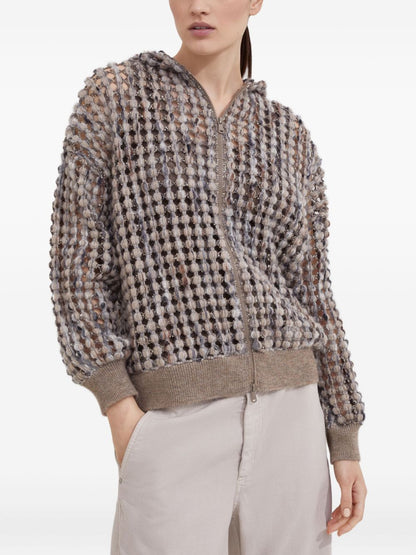 Brunello Cucinelli Embellished Sequin Hooded Wool-Blend Zip Sweater Beige