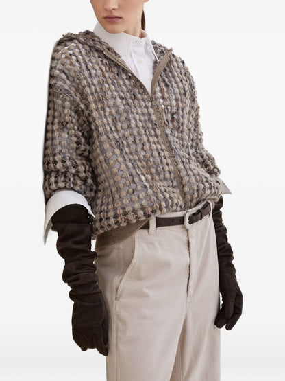Brunello Cucinelli Embellished Sequin Hooded Wool-Blend Zip Sweater Beige