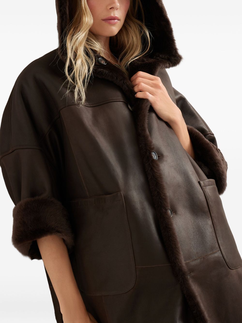 Brunello Cucinelli Double-Breasted Lamb Fur Coat Brown