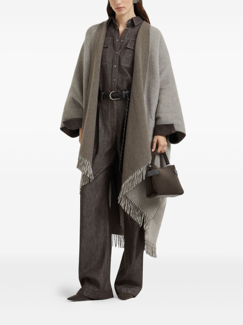 Brunello Cucinelli Herringbone Cashmere-Blend Fringed Reversible Poncho Brown