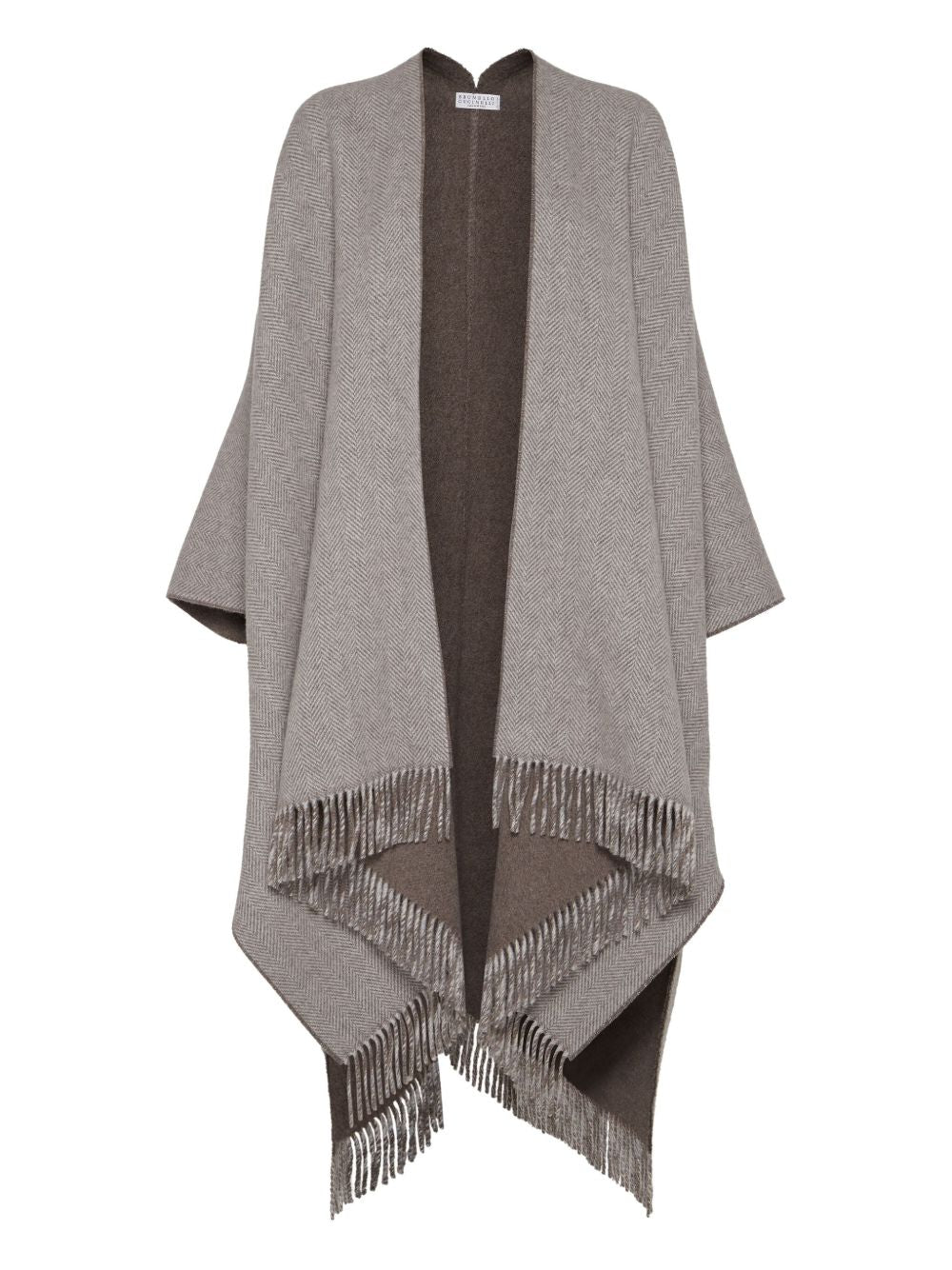 Brunello Cucinelli Herringbone Cashmere-Blend Fringed Reversible Poncho Brown