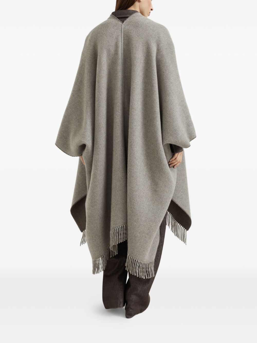 Brunello Cucinelli Herringbone Cashmere-Blend Fringed Reversible Poncho Brown