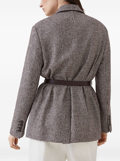 Brunello Cucinelli Wool-Alpaca Brown Belted Blazer with Notch Lapels Brown