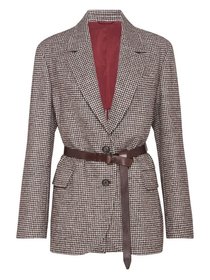 Brunello Cucinelli Wool-Alpaca Brown Belted Blazer with Notch Lapels Brown