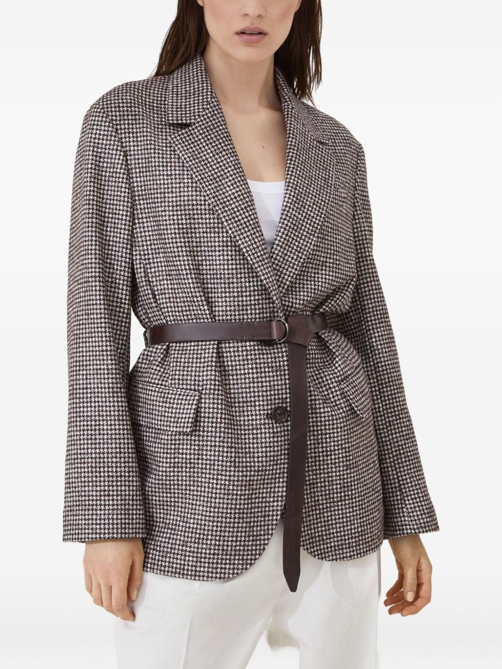 Brunello Cucinelli Wool-Alpaca Brown Belted Blazer with Notch Lapels Brown