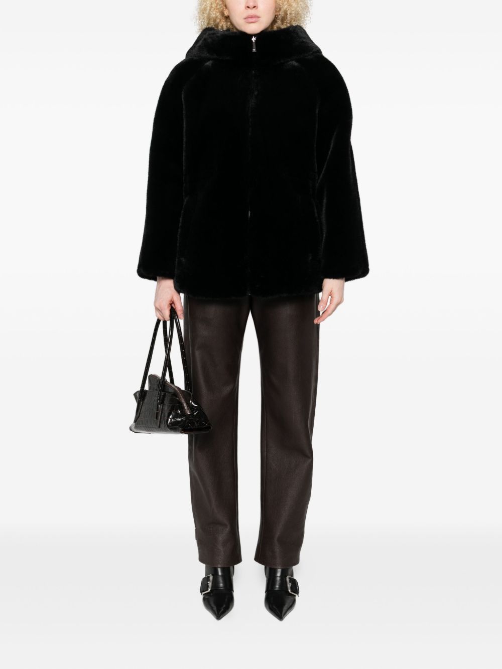 Emporio Armani Hooded Faux Fur Zip-Front Jacket Black