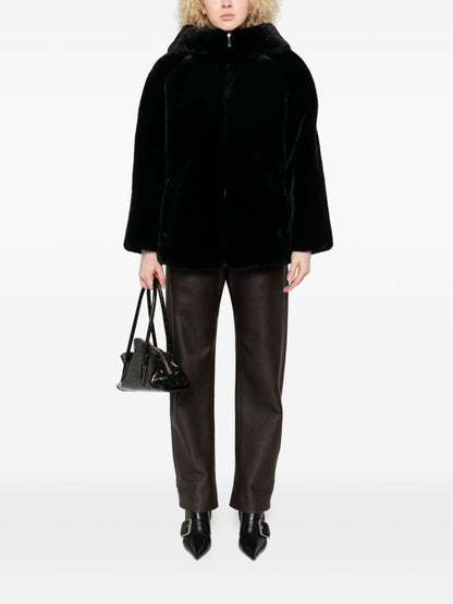 Emporio Armani Hooded Faux Fur Zip-Front Jacket Black