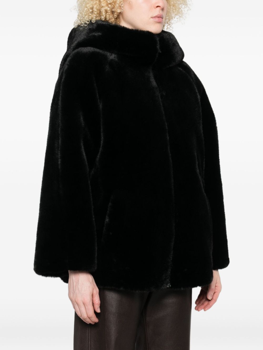 Emporio Armani Hooded Faux Fur Zip-Front Jacket Black