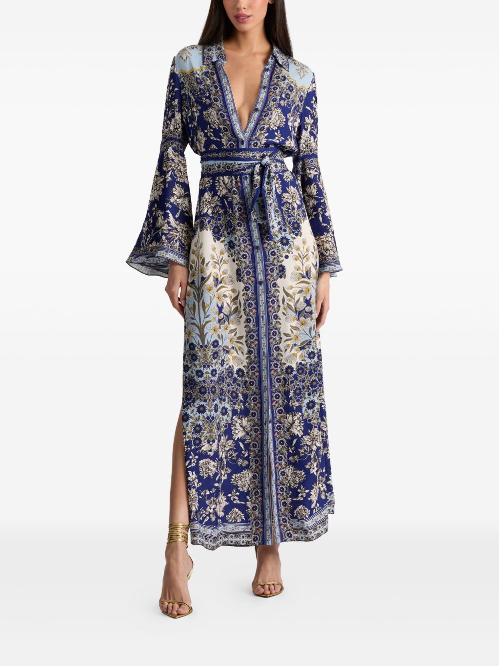 Alice + Olivia Floral Print Bell-Sleeve Shirt Dress Purple
