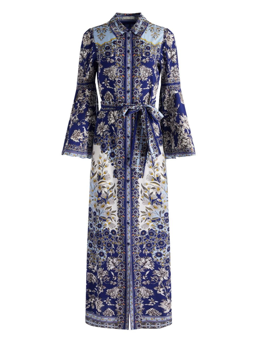 Alice + Olivia Floral Print Bell-Sleeve Shirt Dress Purple