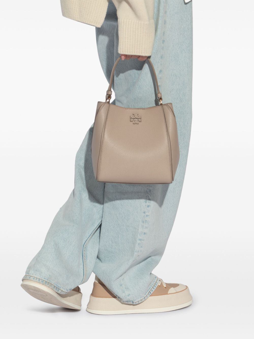 Tory Burch McGraw Small Grained Leather Bucket Bag Light Grey