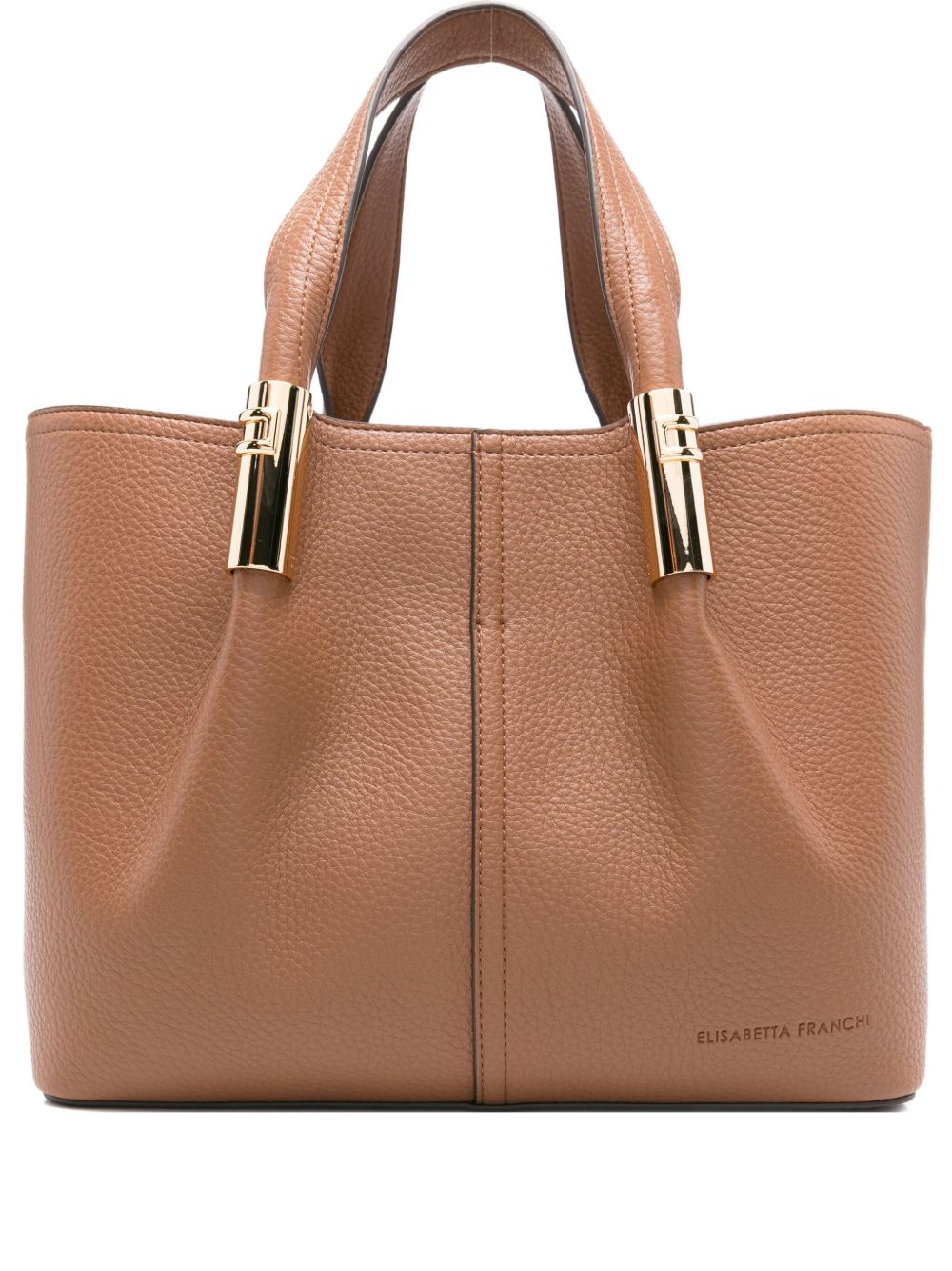 Elisabetta Franchi Medium Leather Brown Tote Bag with Logo Details Leather Brown