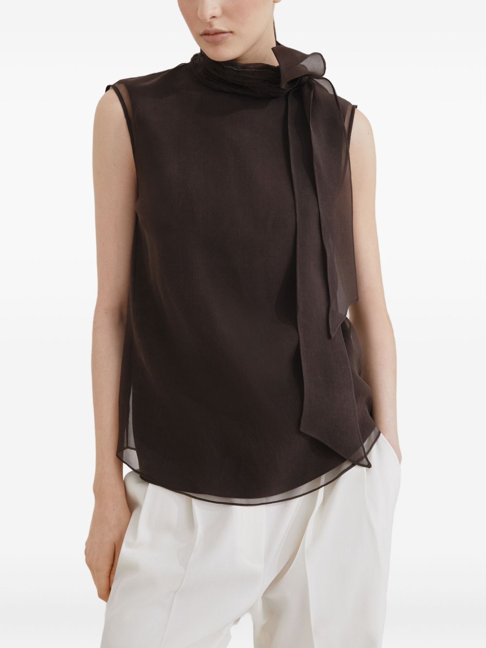 Brunello Cucinelli Silk Layered Semi-Sheer Sleeveless Top Brown Brown