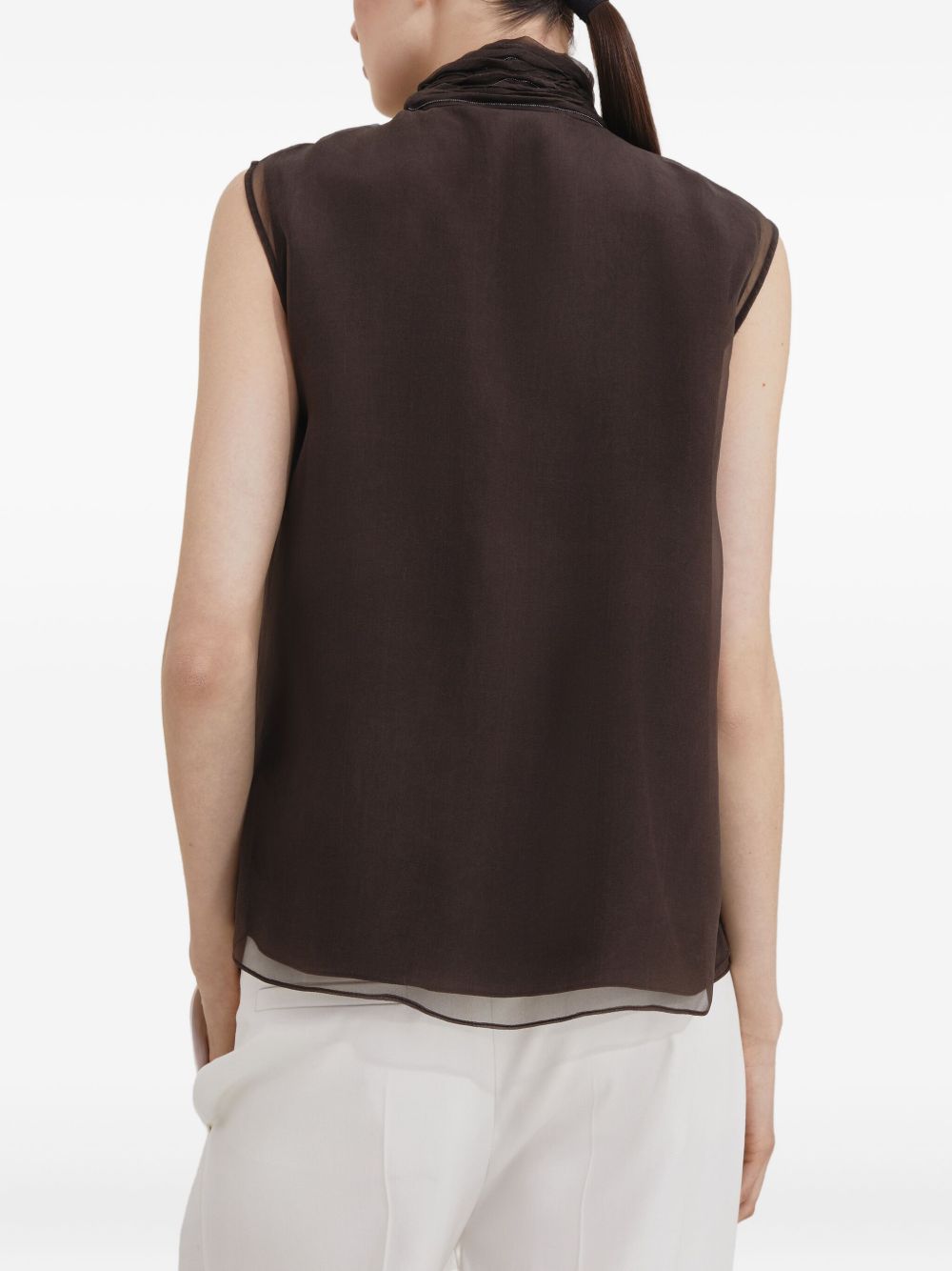 Brunello Cucinelli Silk Layered Semi-Sheer Sleeveless Top Brown Brown
