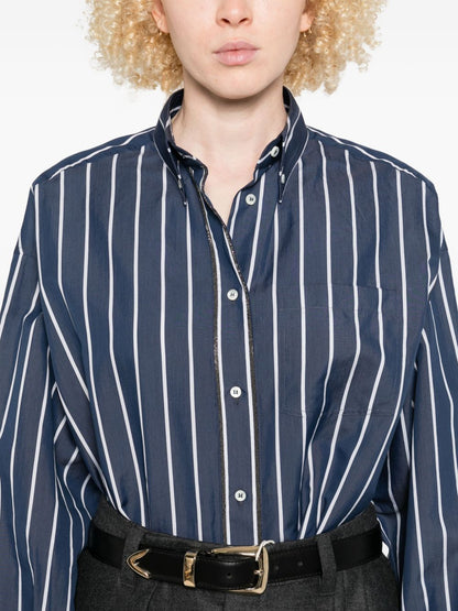 Brunello Cucinelli Striped Cotton and Silk Long-Sleeve Shirt Blue blue